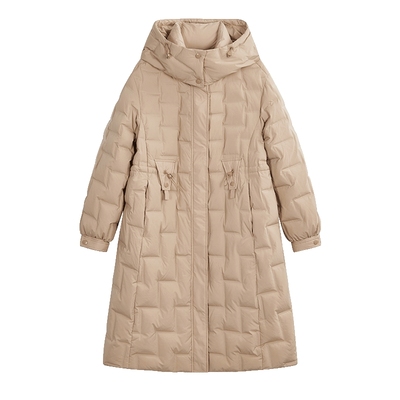 驼色零压感轻薄羽绒服女NEELLY纳俪商场同款连帽风衣式中长款外套