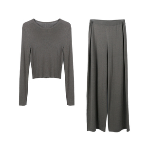 Deessesicile可露丽咖啡色山羊绒针织显瘦打底衫阔腿裤舒适套装女