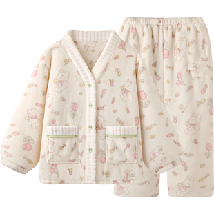 「走花路の兔」2026年新款加厚法兰绒睡衣秋冬款女甜美家居服套装