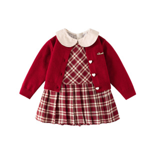 班喜迪女童连衣裙儿童公主裙宝宝周岁礼服冬季红色春秋款裙子生日