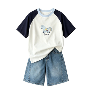 女童夏季套装2026新款韩版洋气中大童女孩夏装短袖T恤牛仔两件套