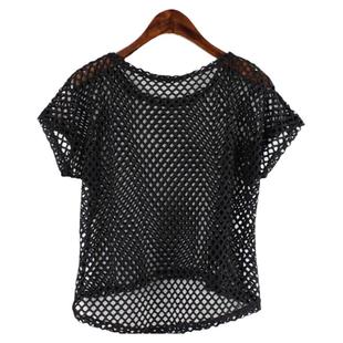夏季新款韩版黑色大网眼短袖T恤上衣套头宽松蕾丝渔网镂空罩衫女