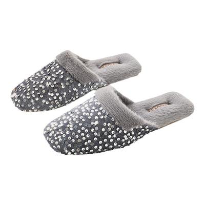 轻奢优雅亮片牛筋底拖鞋秋冬季加绒包头保暖居家地板拖鞋国风女鞋