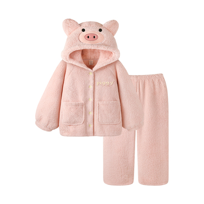 珊瑚绒睡衣冬季可爱小猪保暖套装