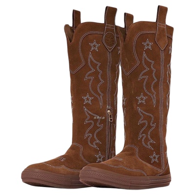 骑士靴平底刺绣西部牛仔靴民族风