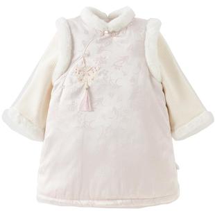 戴维贝拉女童连衣裙新款冬装国风儿童加绒汉服裙周岁女宝新年裙子