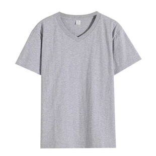 纯棉V领短袖重磅无缝鸡心领打底T恤男女宽松定制LOGO工作服文化衫
