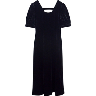 13良品小个子 晚宴礼服年会裙~赫本风收腰气质泡泡袖黑丝绒连衣裙