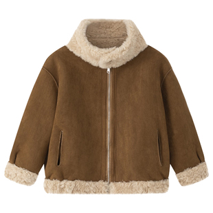 萌校长儿童装法式仿皮毛一体立领外套女童冬季两面可穿女孩子大衣