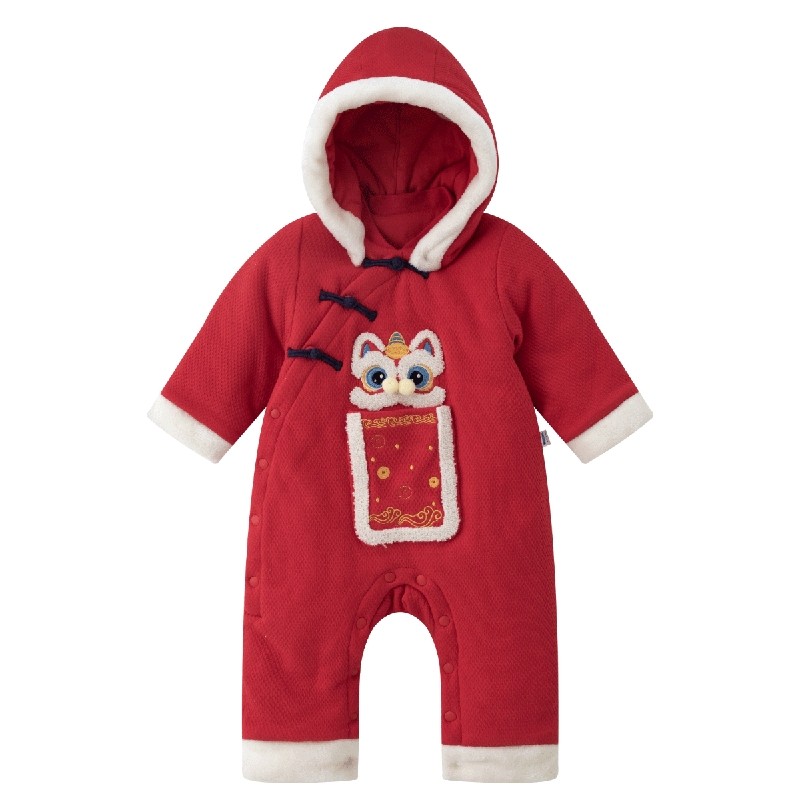 aqpa婴儿棉服连体衣新年服红色满月百天宝宝衣服秋冬保暖夹棉哈衣