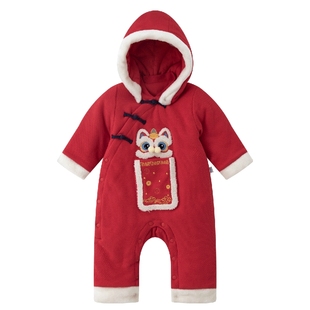aqpa婴儿棉服连体衣新年服红色满月百天宝宝衣服秋冬保暖夹棉哈衣
