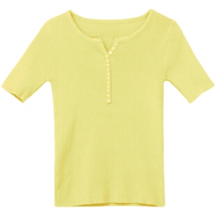 冰丝短袖t恤女修身夏季薄款针织衫 小个子气质短款配半身裙的上衣