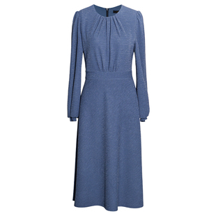 罗衣灯笼袖收腰圆领针织连衣裙秋冬纯色褶皱亮丝装饰中长裙13027