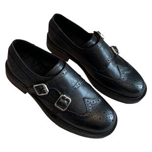 【TFM】牛皮版2025新款冬季加绒时尚雕花粗跟布洛克棉鞋女小皮鞋