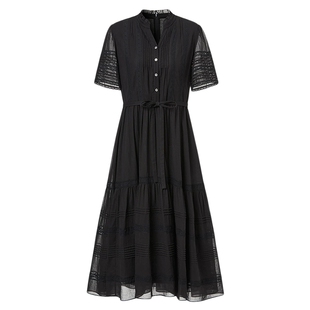 VGRASS维格娜丝夏季立体收腰显瘦高支双股棉纱艺术花边黑色连衣裙