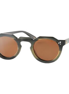 经典三颗铆钉饰小圆形牦牛角框架女士偏光墨镜沙滩度假太阳眼镜