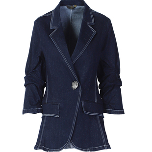 莱芙艾迪儿春季新款亮丝西装式收腰牛仔短款外套知性优雅气质女装