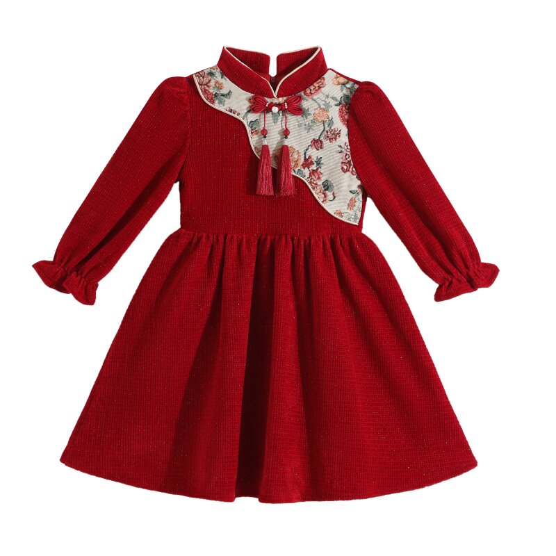 新款元旦儿童演出服小学生合唱服红色连衣裙复古国风女童古筝表演