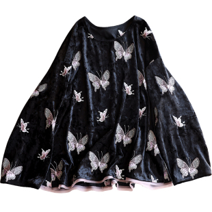 云澍 丝绒拼接真丝欧根纱新中式宽松圆领休闲长袖上衣T恤女秋冬