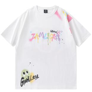 LAMLICKA国潮手绘纯棉印花宽松白T恤短袖男夏季潮牌情侣半袖体恤