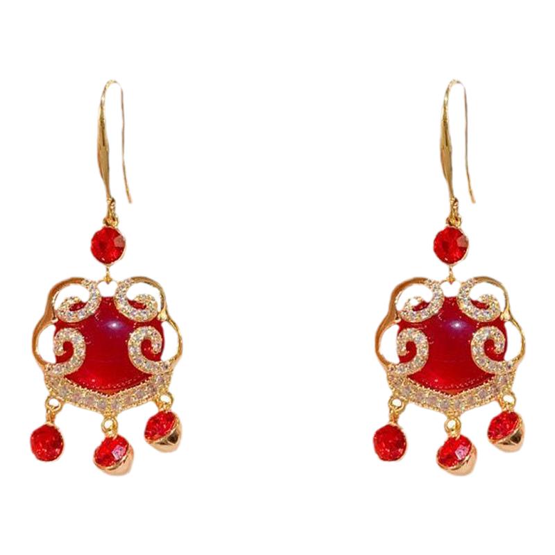 祥云平安锁耳环气质中国红女耳钩