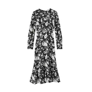 做工绝了】朱珠同款~黑白山茶花印花裙中长款修身连衣裙26早春女