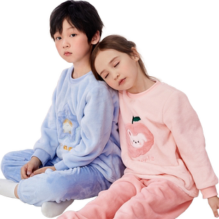 红豆儿童法兰绒家居服男童女童秋冬睡衣大童宝宝保暖珊瑚绒套装厚
