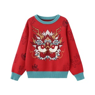 麒麟献瑞|观山见童装国风儿童毛衣男童秋冬款刺绣打底保暖拜年服