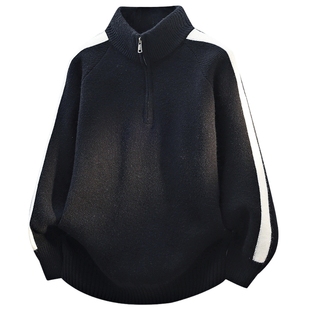 男士拉链黑色半高领毛衣冬季男内搭可外穿撞色拼接上衣针织衫男款