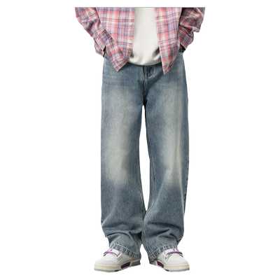 JFU 美式复古高街牛仔裤男生韩版宽松直筒阔腿长裤子男款秋冬款