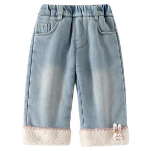 班喜迪女童裤子冬装2025新款宝宝加厚绒休闲裤冬季儿童直筒牛仔裤