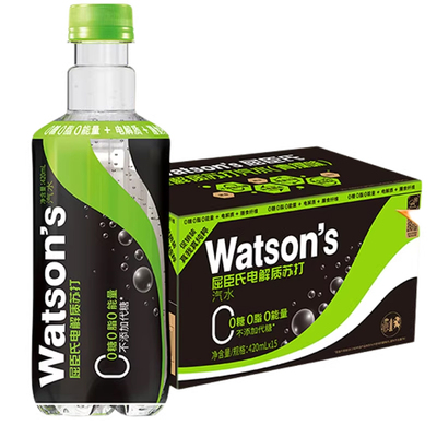 【百补】屈臣氏青提0糖0脂0卡电解质汽水苏打运动饮料420ML*15瓶