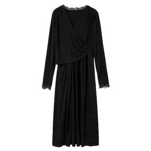 若潮大码女装2025冬季新款蕾丝V领连衣裙小黑裙长袖长裙胖MM