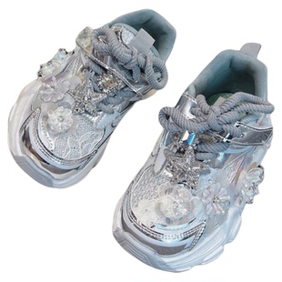 女童鞋2026新款春款银色运动鞋儿童炸街老爹鞋春秋款女孩网鞋透气