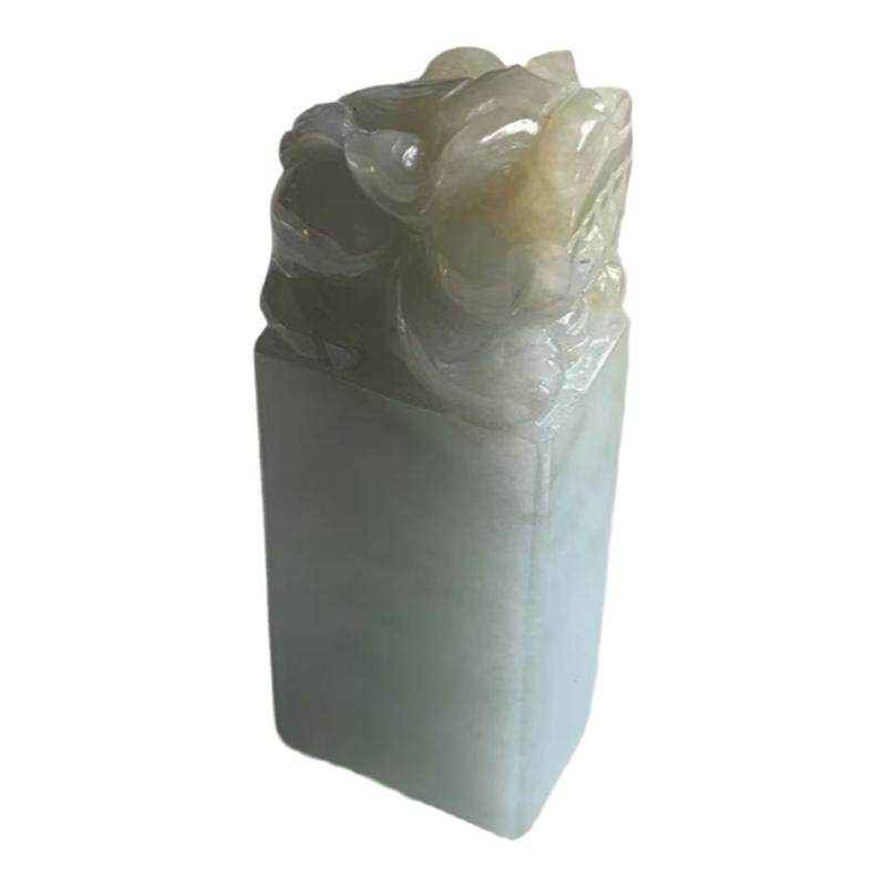 缅甸A货翡翠印章浅蓝色飘黄摆件