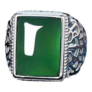 S925纯银绿宝石玛瑙黑曜石男款个性霸气活口戒指绿玉髓复古送父亲