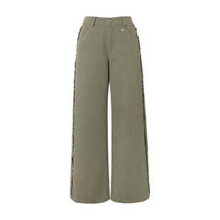 【茉莉摩卡】Uena橄榄绿色抽褶木耳边爱心吊坠宽松阔腿休闲工装裤