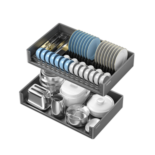 悍高橱柜拉篮铝合金双层抽屉式碗篮内置碗架304不锈钢收纳碗碟篮