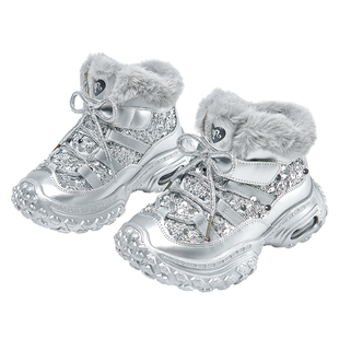 芭比童鞋女童老爹鞋2025新款冬季加绒运动鞋保暖大棉鞋子儿童棉鞋