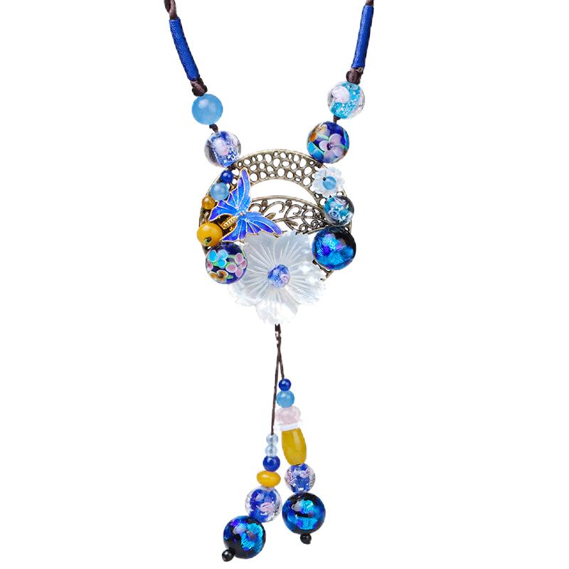 复古琉璃蝴蝶毛衣链长款挂件项链女民族风饰品百搭吊坠挂绳颈链冬