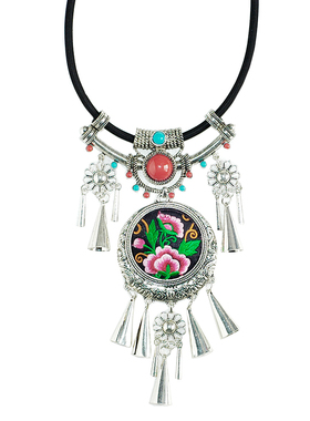 民族风项链女挂件苗银银刺绣