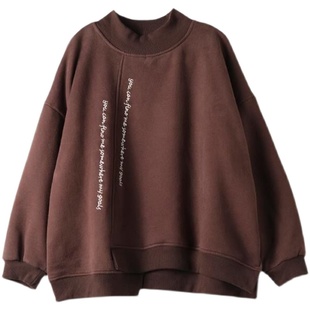 大码宽松加绒卫衣女冬季新款韩版下摆不规则字母刺绣半高领上衣潮