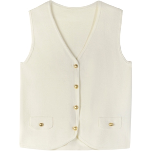 布景毛衣背心女2026年春季新品简约v领撞色纽扣马甲针织开衫0424