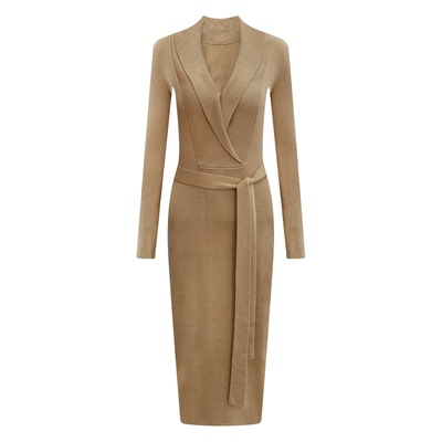 羊毛V领针织修身包臀连衣裙