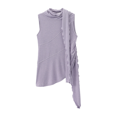 天丝羊毛混纺飘带领拼接针织上衣