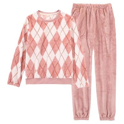 珊瑚绒男女简约圆领格子外穿睡衣