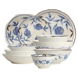 美浓烧有谷窑日本进口蓝染金石榴饭碗汤碗面碗深盘盘子陶瓷餐具