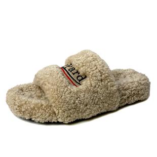 真皮羊羔毛毛拖鞋女2025皮毛一体秋冬保暖厚底松糕平底刺绣一字拖