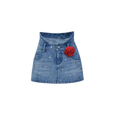 【明星同款】lefame拉飞姆春夏休闲玫瑰铆钉高腰蓝色牛仔裙裤