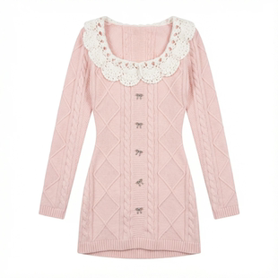 织物猪 桃桃雪芙 纯欲风娃娃领针织连衣裙女冬季粉色包臀短裙子